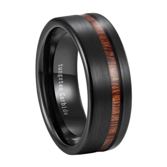 Men's Wedding Band - Black Brushed Off Center Koa Wood Ring for Men and Women - Picture 1 of 9